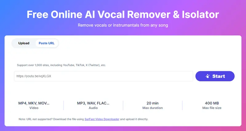 Paste URL to Vocal Remover