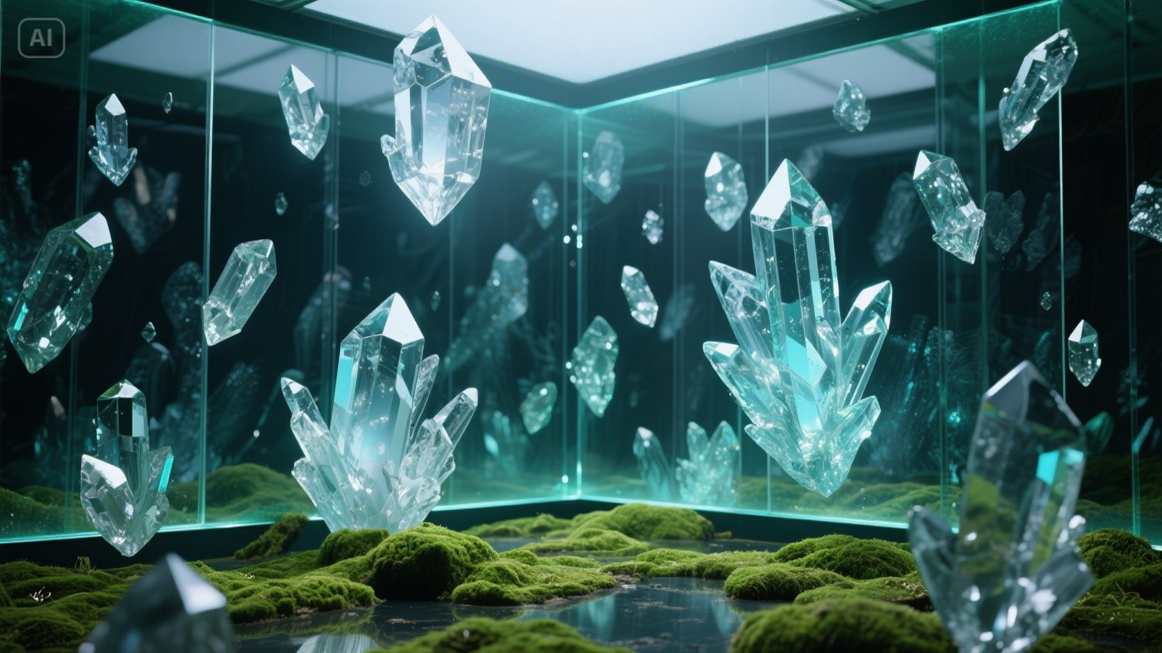 Floating crystals glowing moss wallpaper