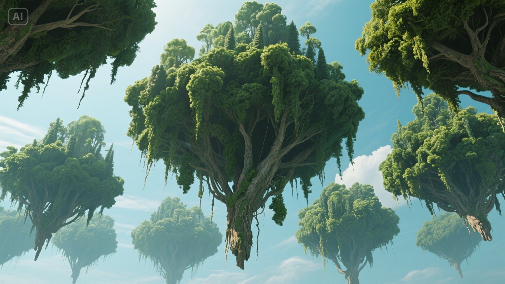 Upside-down forest in mid-air wallpaper
