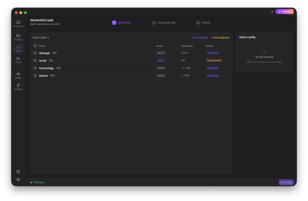 Tasks panel